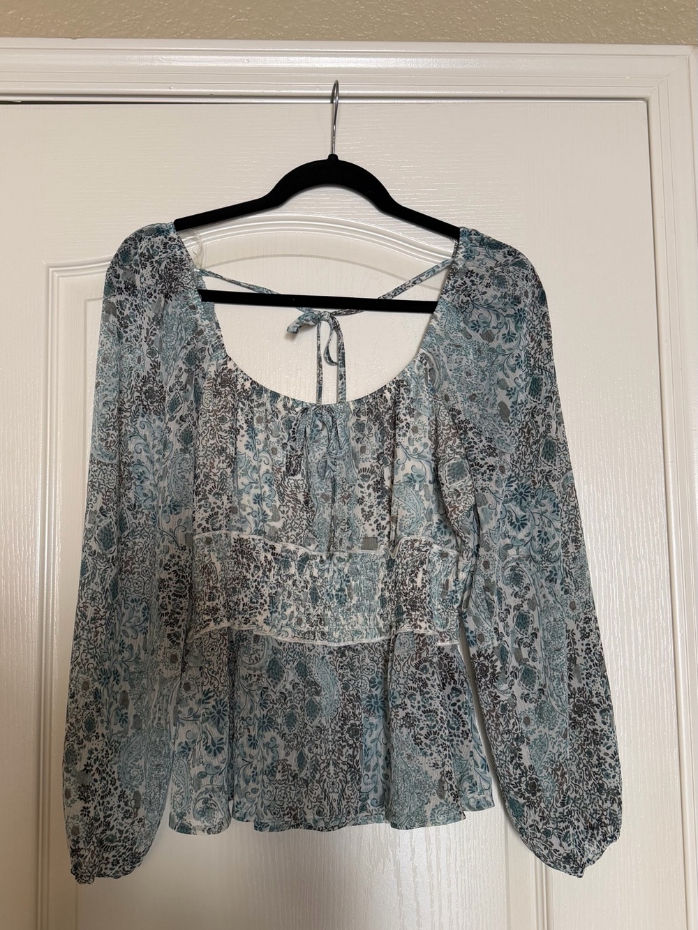 Light Teal Floral Peasant Blouse with Tie Back
